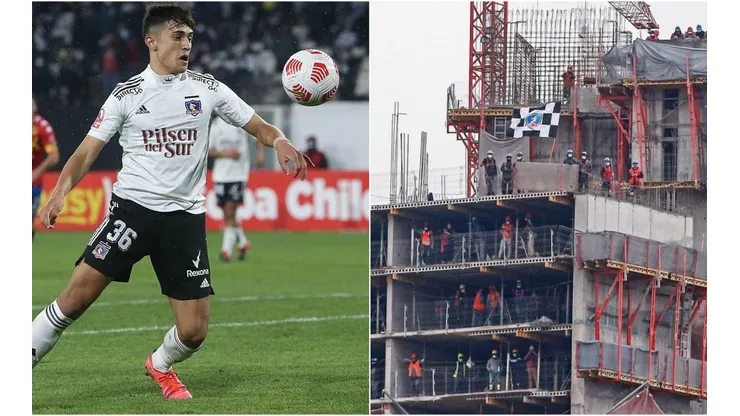 Hinchas apoyan a Colo Colo desde la terraza de un edificio en construcción.