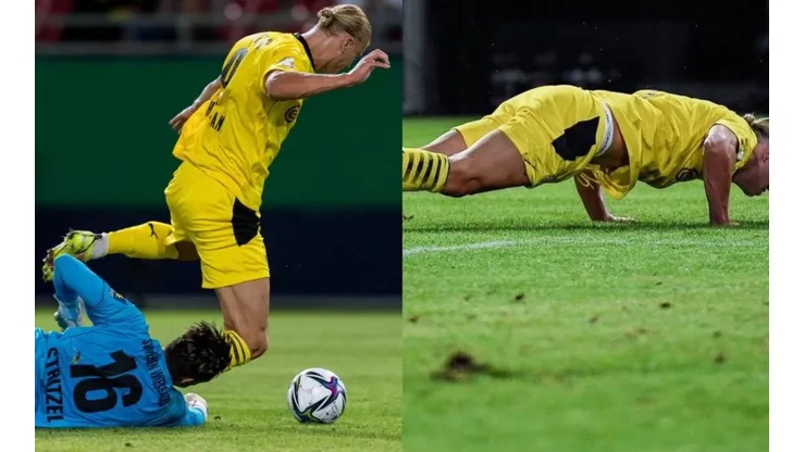 Erling Haaland convierte un triplete y reclama un penal haciendo flexiones