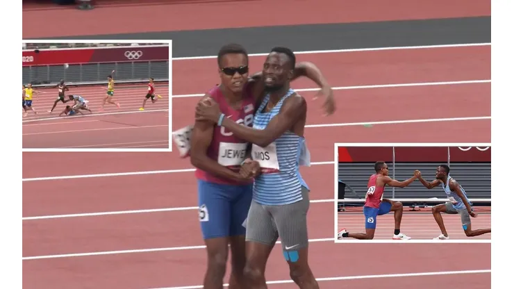 Isaiah Jewett de Estados Unidos y Nijel Amos de Botswana se abrazan en la pista