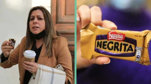 Teresa Marinovic llegando al ex Congreso Nacional comiendo Negrita.