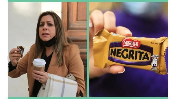 Teresa Marinovic llegando al ex Congreso Nacional comiendo Negrita.
