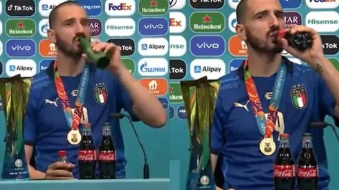 Leonardo Bonucci celebra en la conferencia tomando Coca Cola y cerveza