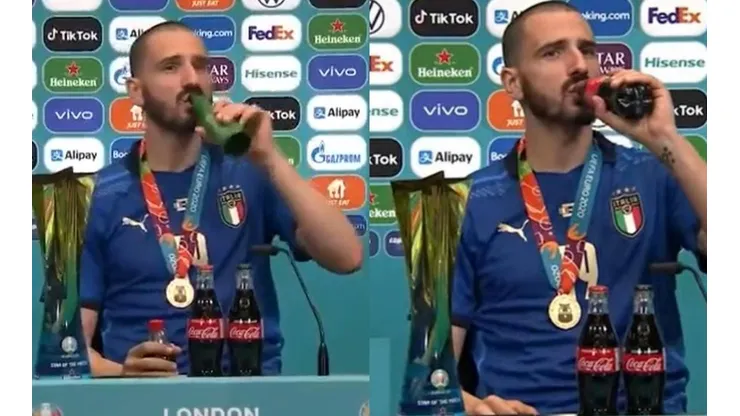 Leonardo Bonucci celebra en la conferencia tomando Coca Cola y cerveza