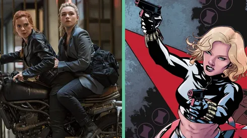 Yelena Belova (Florence Pugh) junto a Natasha Romanoff (Scarlett Johansson) en Black Widow. Y la versión de Belova en los cómics.
