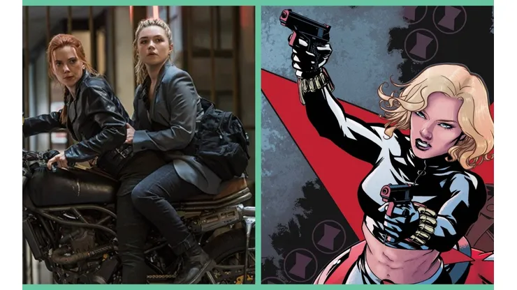 Yelena Belova (Florence Pugh) junto a Natasha Romanoff (Scarlett Johansson) en Black Widow. Y la versión de Belova en los cómics.