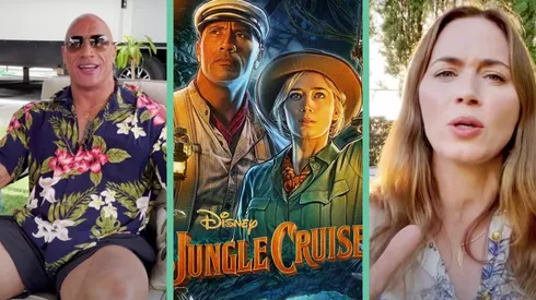 Dwayne Johnson y Emily Blunt presentando al público los nuevos adelantos de Jungle Cruise.