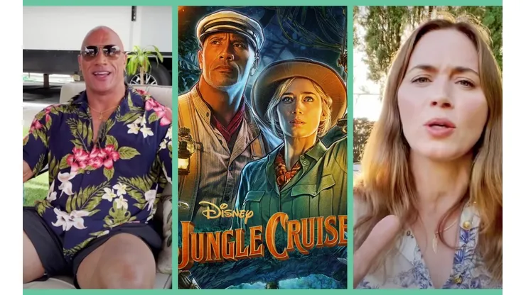Dwayne Johnson y Emily Blunt presentando al público los nuevos adelantos de Jungle Cruise.