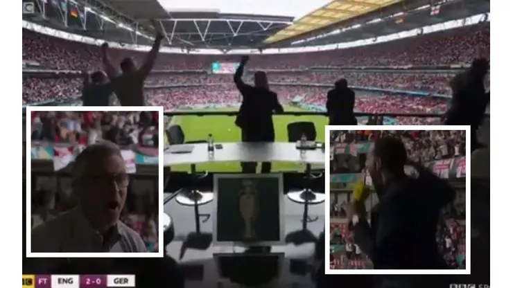 Ferdinand, Shearer y Lineker celebrando la victoria inglesa