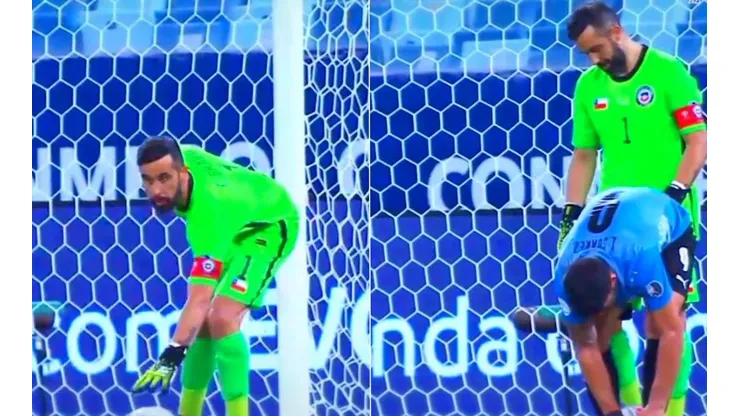 Claudio Bravo y Luis Suárez en los minutos finales del duelo entre Chile y Uruguay