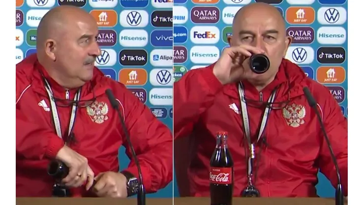 Cherchesov disfrutó de una coca cola en plena conferencia de prensa