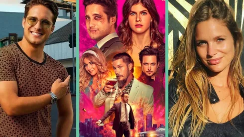 Diego Boneta y Mayte Rodríguez junto al afiche de Die in a Gunfight, protagonizada por Alexandra Daddario y el mexicano.