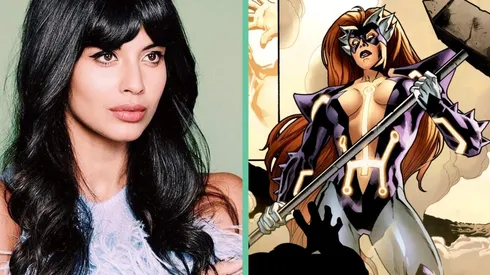 Jameela Jamil junto a la versión de los cómics de Titania, la gran némesis de She-Hulk.