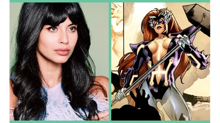 Jameela Jamil junto a la versión de los cómics de Titania, la gran némesis de She-Hulk.