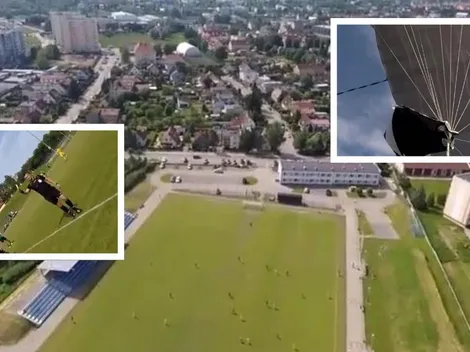 Angustiante: paracaidista cae de emergencia en cancha de fútbol