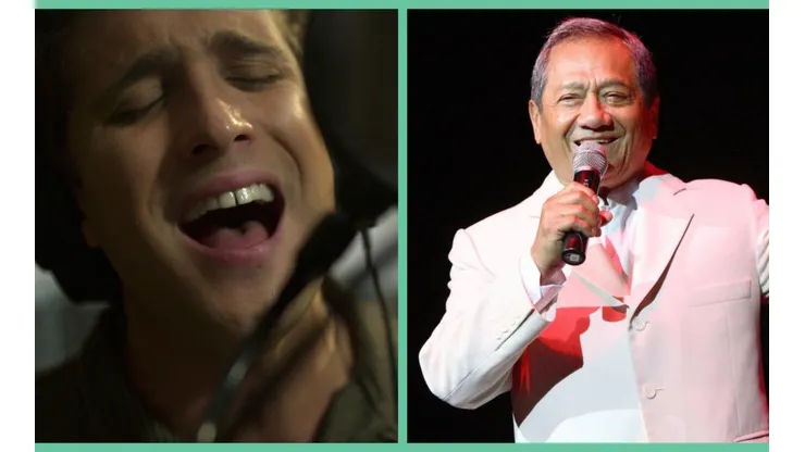 Micky haciendo El día que me quieras en Luis Miguel, la serie, junto a Armando Manzanero en la vida real.