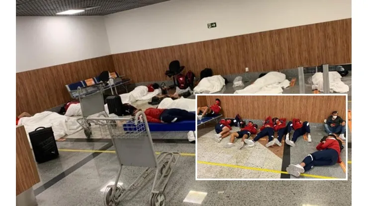 Los jugadores de Independiente durmiendo en el piso del aeropuerto de Bahía