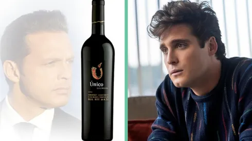 La foto promocional del vino "Único, Luis Miguel" y Diego Boneta en Luis Miguel, la serie.