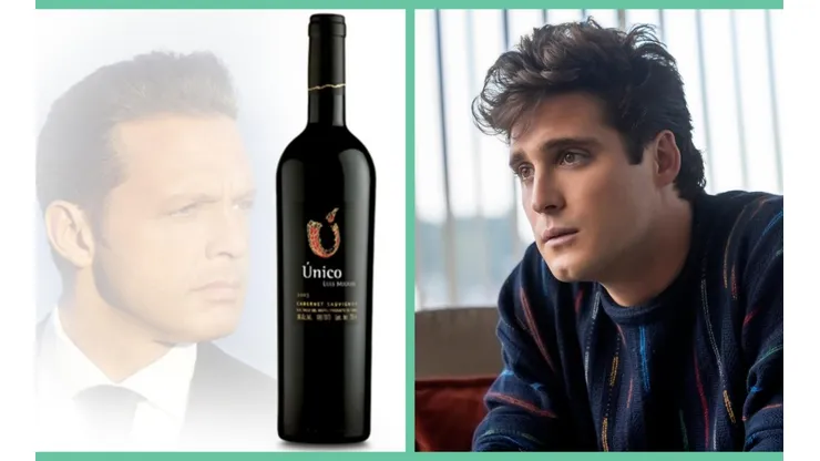 La foto promocional del vino "Único, Luis Miguel" y Diego Boneta en Luis Miguel, la serie.