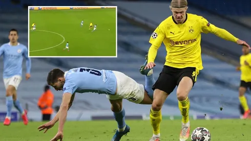 Erling Haaland desplaza a Ruben Dias con el cuerpo