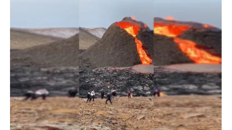 El volcán Fagradalsfjall hace erupción mientras juegan Vóleibol con una pelota.