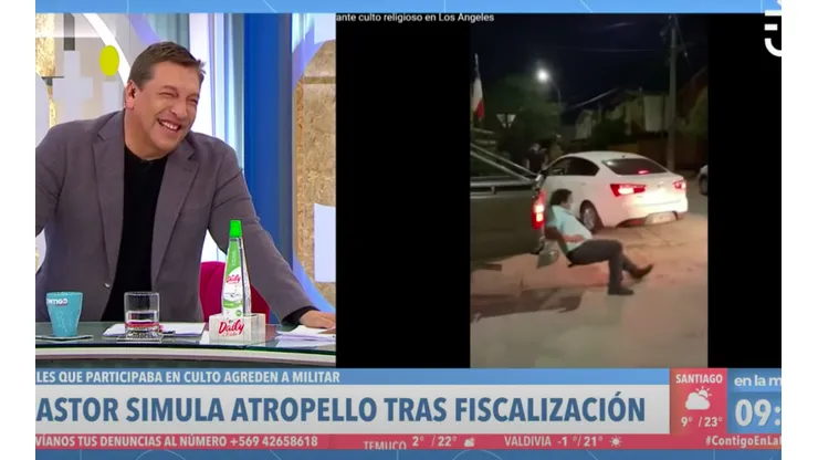 El momento en que Julio César Rodríguez no puede contener más la risa ante la simulación de atropello del pastor.