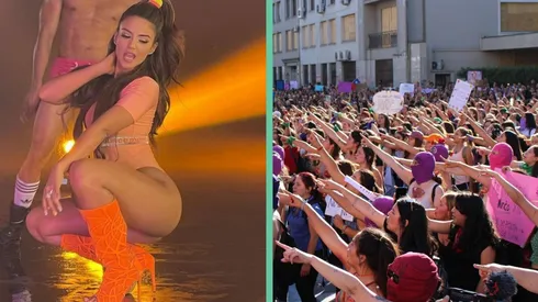 Dayanara en el video de "El Desquite" y una de las multitudinarias manifestaciones que convocó LasTesis.