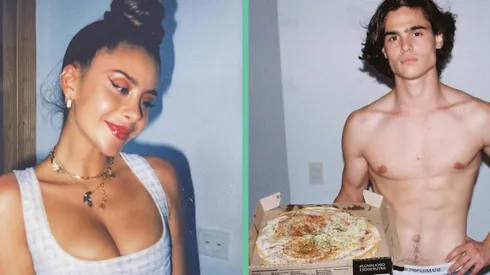 Cami Gallardo y Agustín Bruno con una pizza.