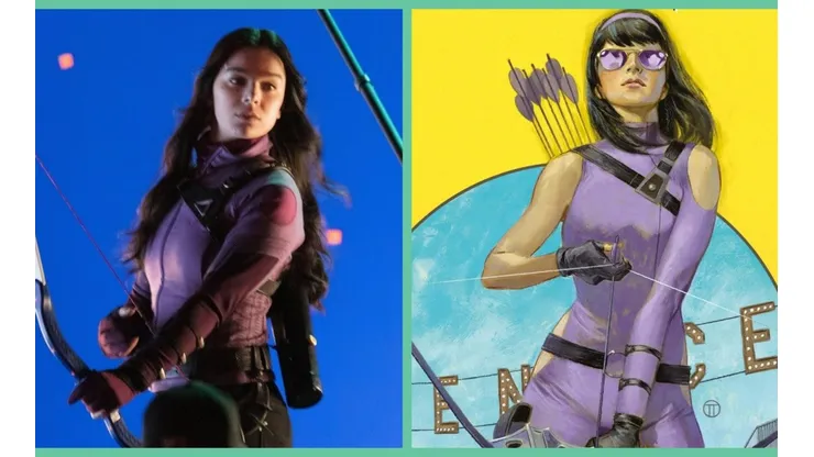 Hailee Steinfeld como Kate Bishop en "Hawkeye" y su versión en los cómics.