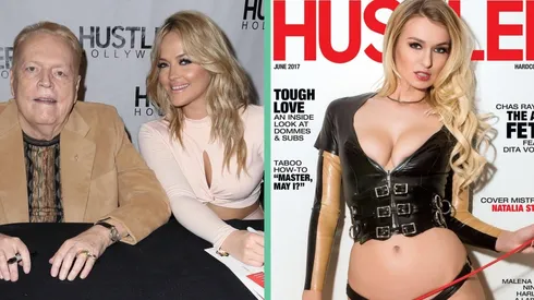 Larry Flynt junto a la estrella del entretenimiento para adultos Alexis Texas, junto a una portada de la revista Hustler.