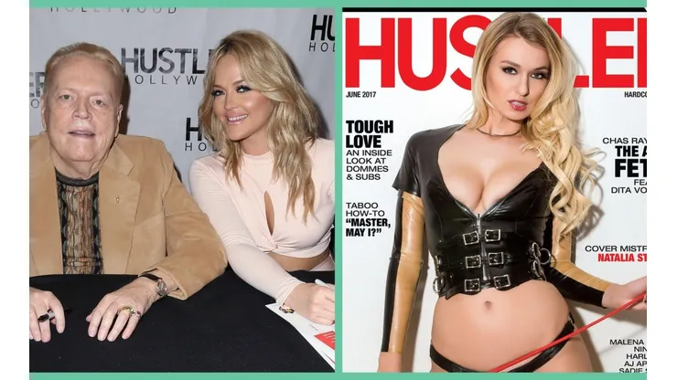Larry Flynt junto a la estrella del entretenimiento para adultos Alexis Texas, junto a una portada de la revista Hustler.