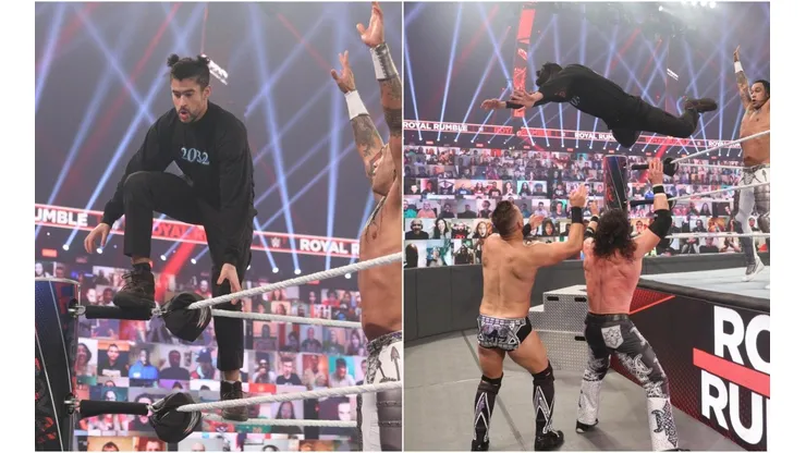 Bad Bunny con Damian Priest en acción ante The Miz y Morrison.