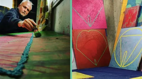 El Rumpy en pleno proceso creativo junto a sus pinturas.