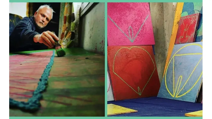 El Rumpy en pleno proceso creativo junto a sus pinturas.