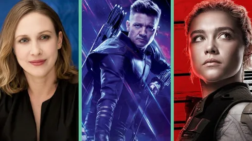 Vera Farmiga y Florence Pugh junto a Jeremy Renner, quien interpreta a Hawkeye.
