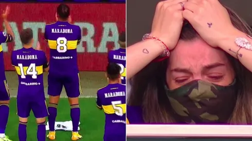Dalma llora en el palco de Diego Maradona mientras los jugadores de Boca le rinden respeto tras el golazo de Cardona.