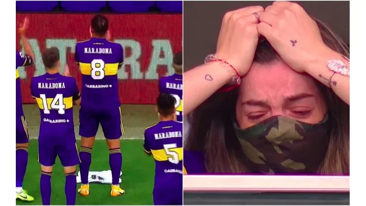 Dalma llora en el palco de Diego Maradona mientras los jugadores de Boca le rinden respeto tras el golazo de Cardona.
