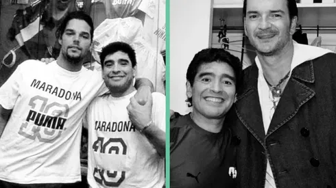 Ricky Martin y Ricardo Arjona en sus respectivas fotos con Diego Maradona.
