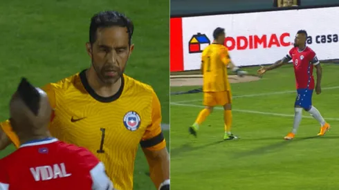 Claudio Bravo y Arturo Vidal se estrechan la mano en el Chile-Perú