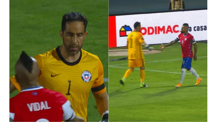 Claudio Bravo y Arturo Vidal se estrechan la mano en el Chile-Perú