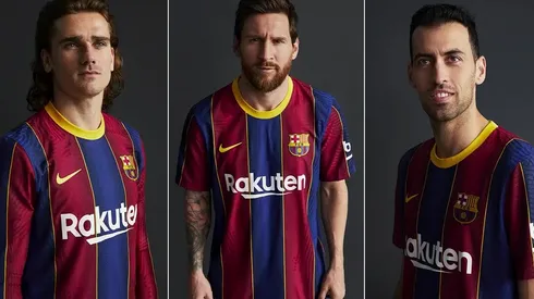 Griezmann, Messi y Busquets aparecen retratados en la presentación de la nueva camiseta del Barcelona