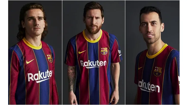 Griezmann, Messi y Busquets aparecen retratados en la presentación de la nueva camiseta del Barcelona