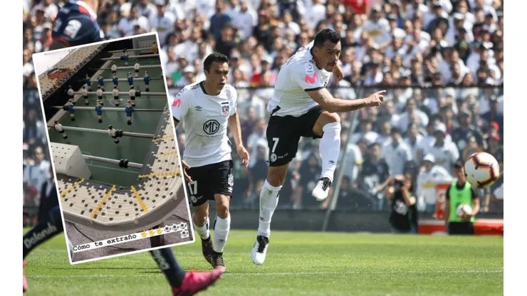 Esteban Paredes luce su réplica del Estadio Monumental en un taca-taca