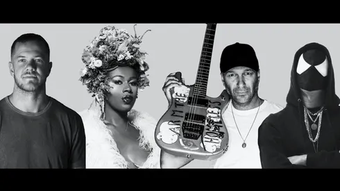 Dan Reynolds, Shea Diamond, Tom Morello y The Bloody Beetroots en la imagen promocional de "Stand Up".
