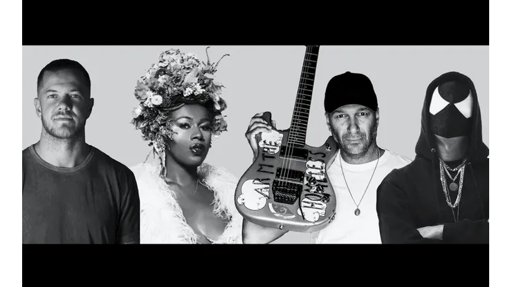 Dan Reynolds, Shea Diamond, Tom Morello y The Bloody Beetroots en la imagen promocional de "Stand Up".
