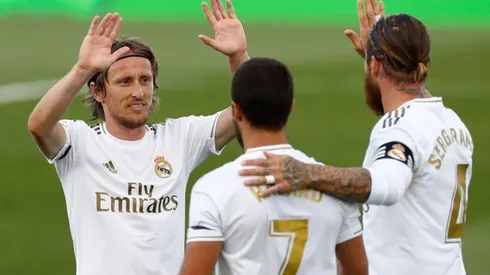 Luka Modric junto a Eden Hazard y Sergio Ramos en Real Madrid