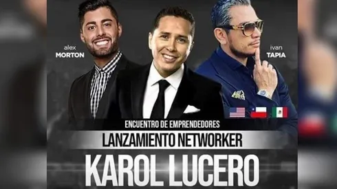 Karol Lucero aparece en el centro del afiche que promociona un evento impulsado por una de las firmas de la alerta emitida por la CMF.