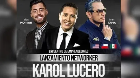 Karol Lucero aparece en el centro del afiche que promociona un evento impulsado por una de las firmas de la alerta emitida por la CMF.