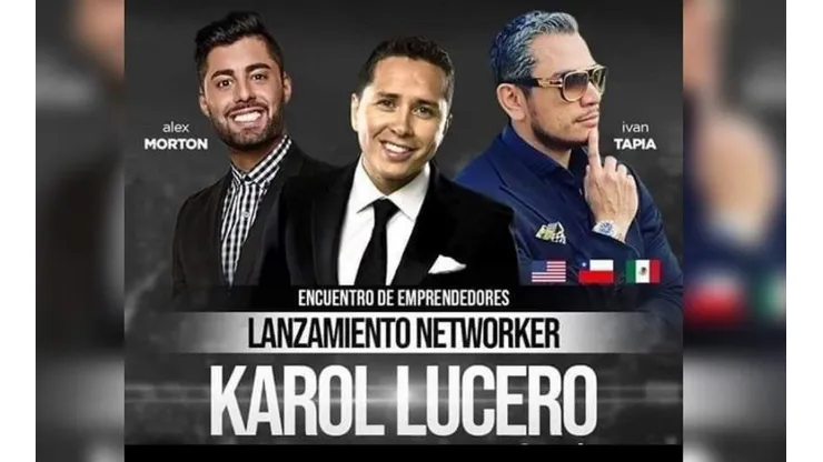 Karol Lucero aparece en el centro del afiche que promociona un evento impulsado por una de las firmas de la alerta emitida por la CMF.