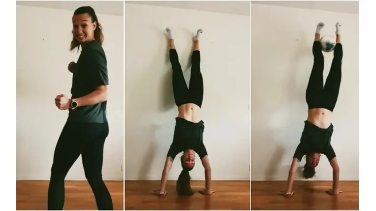 Tiane Endler se lució atajando un balón en posición invertida
