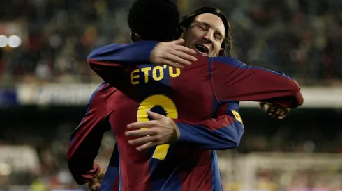 Eto'o y Messi festejan.